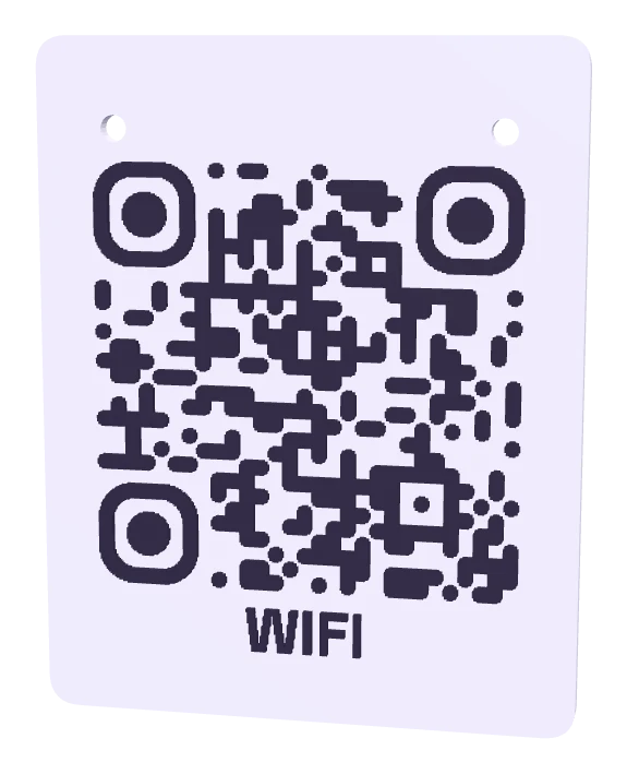 Placa de pared lila con el codigo de la wifi en morado, dos agujeros para colgar y el texto WIFI