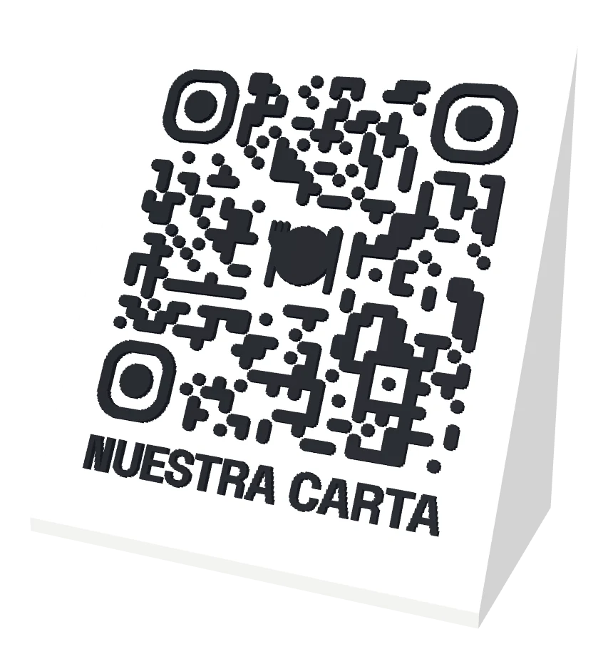 Soporte de mesa con un codigo QR en relieve oscuro sobre base color crema y el texto NUESTRA CARTA